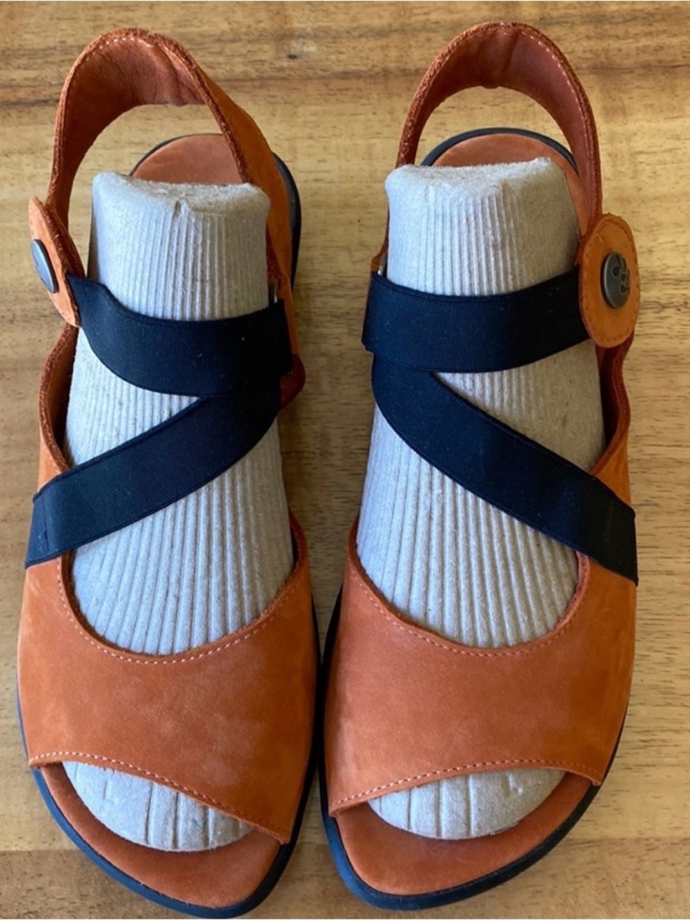 Arche Orange Suede Sandals with Black Elastic Cross Straps - US6.5